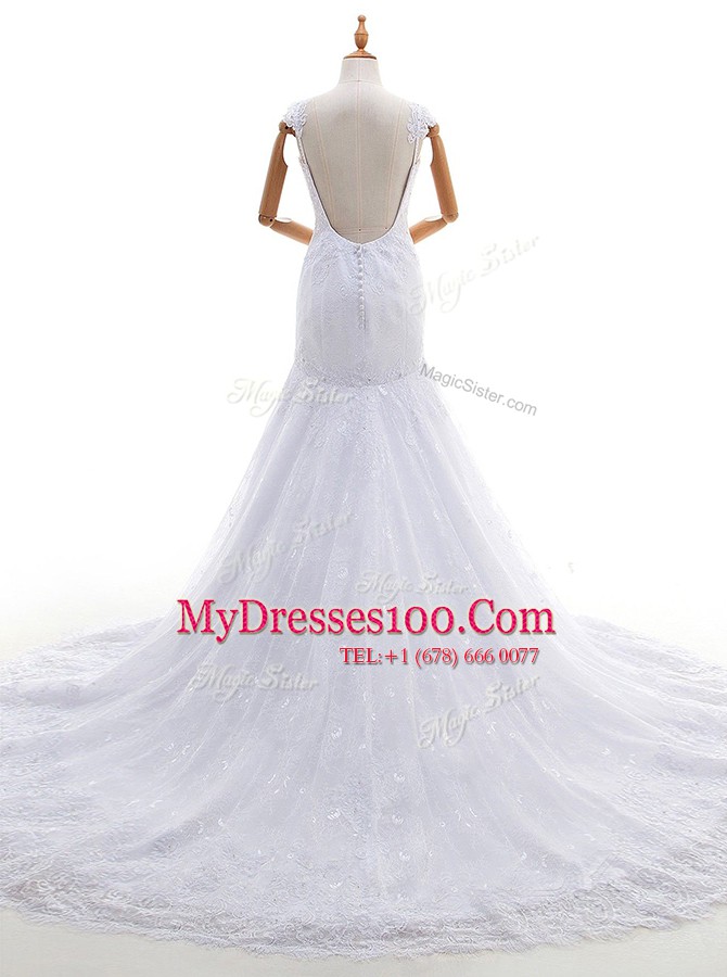 Mermaid Lace Spaghetti Straps Sleeveless Brush Train Backless Lace Bridal Gown in White