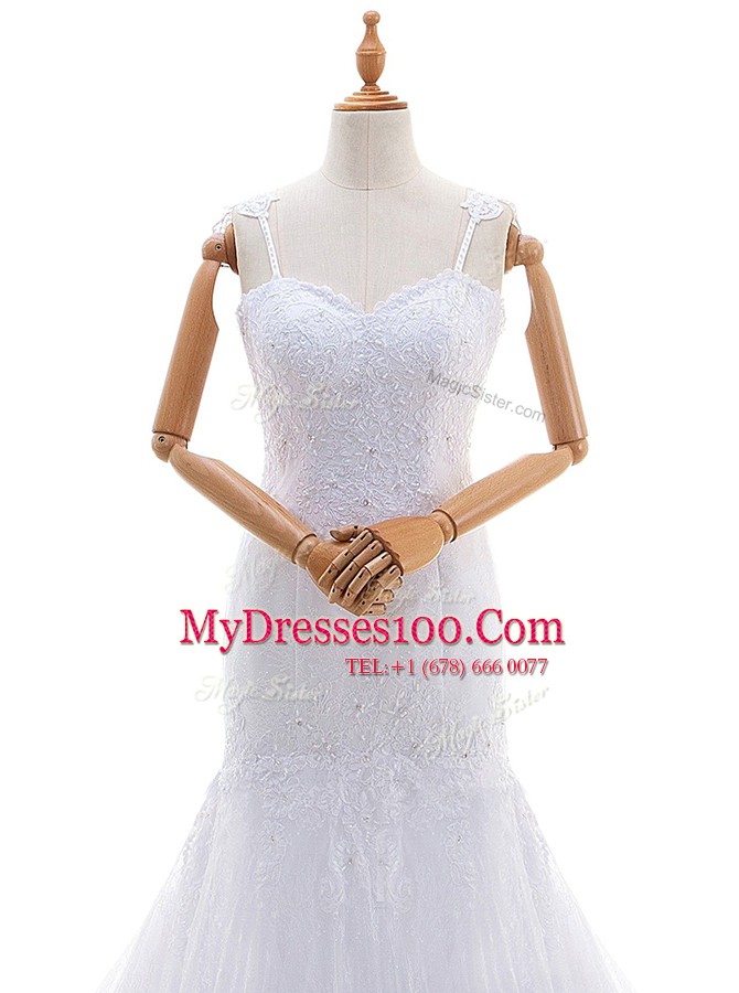 Mermaid Lace Spaghetti Straps Sleeveless Brush Train Backless Lace Bridal Gown in White