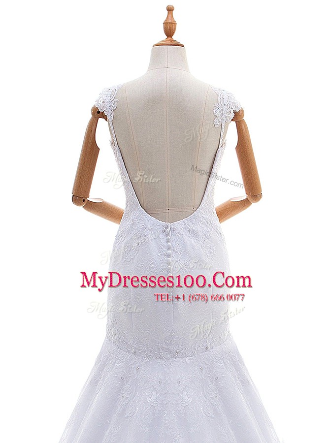 Mermaid Lace Spaghetti Straps Sleeveless Brush Train Backless Lace Bridal Gown in White