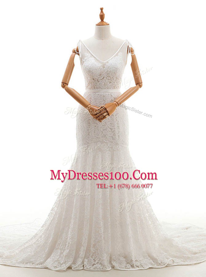 Mermaid White Lace Backless V-neck Sleeveless With Train Wedding Gowns Chapel Train Lace