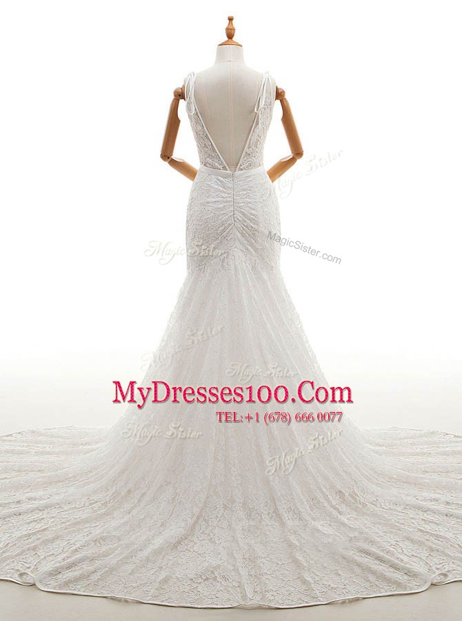 Mermaid White Lace Backless V-neck Sleeveless With Train Wedding Gowns Chapel Train Lace