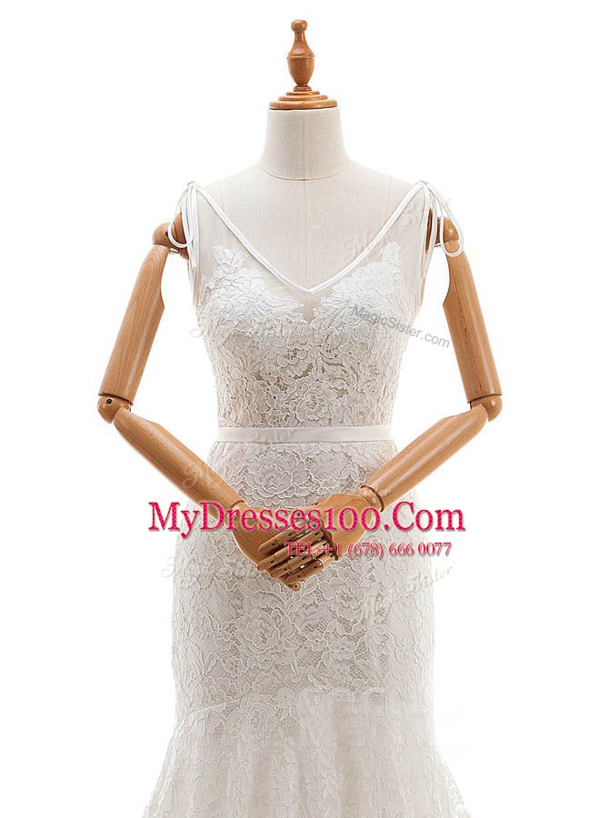 Mermaid White Lace Backless V-neck Sleeveless With Train Wedding Gowns Chapel Train Lace