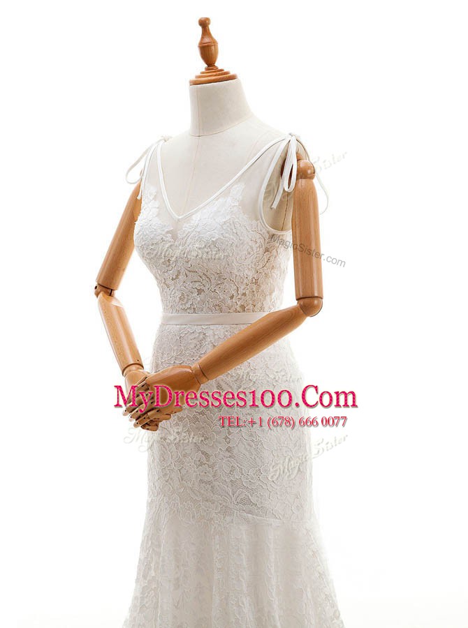 Mermaid White Lace Backless V-neck Sleeveless With Train Wedding Gowns Chapel Train Lace