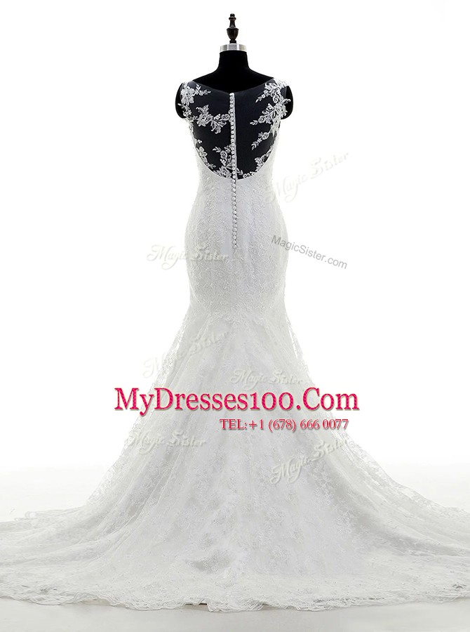 Modern Lace White Wedding Gowns Wedding Party and For with Appliques Scoop Sleeveless Brush Train Zipper