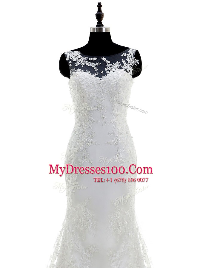 Modern Lace White Wedding Gowns Wedding Party and For with Appliques Scoop Sleeveless Brush Train Zipper