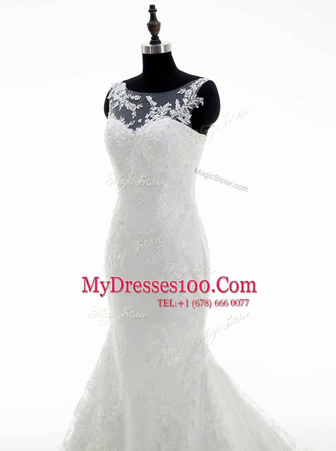 Modern Lace White Wedding Gowns Wedding Party and For with Appliques Scoop Sleeveless Brush Train Zipper