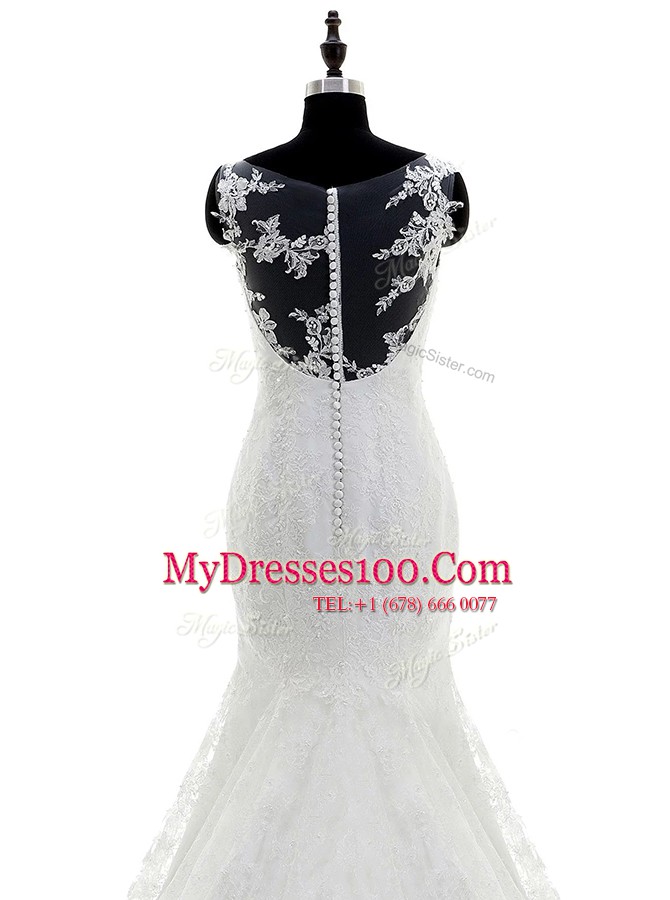 Modern Lace White Wedding Gowns Wedding Party and For with Appliques Scoop Sleeveless Brush Train Zipper