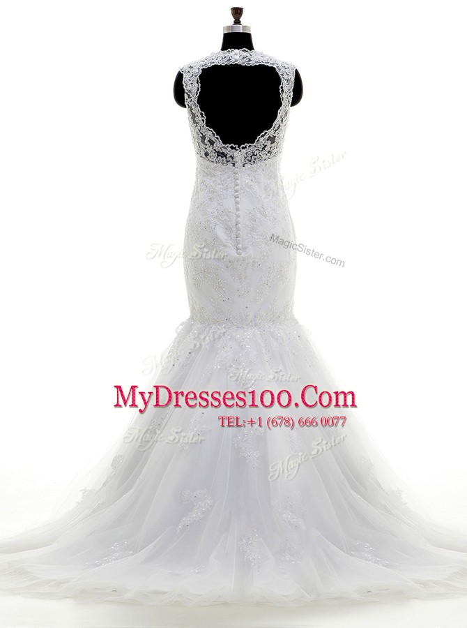 Low Price Mermaid Sleeveless Brush Train Clasp Handle With Train Beading and Lace and Appliques Wedding Gown