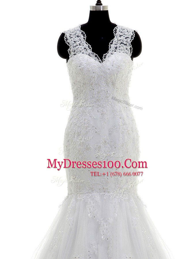 Low Price Mermaid Sleeveless Brush Train Clasp Handle With Train Beading and Lace and Appliques Wedding Gown