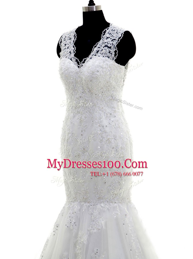 Low Price Mermaid Sleeveless Brush Train Clasp Handle With Train Beading and Lace and Appliques Wedding Gown