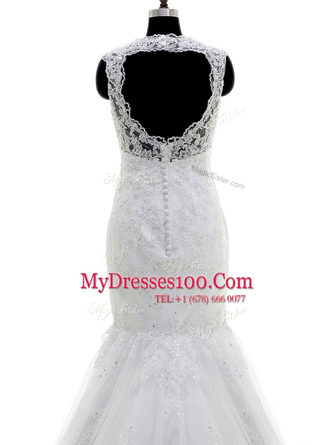 Low Price Mermaid Sleeveless Brush Train Clasp Handle With Train Beading and Lace and Appliques Wedding Gown