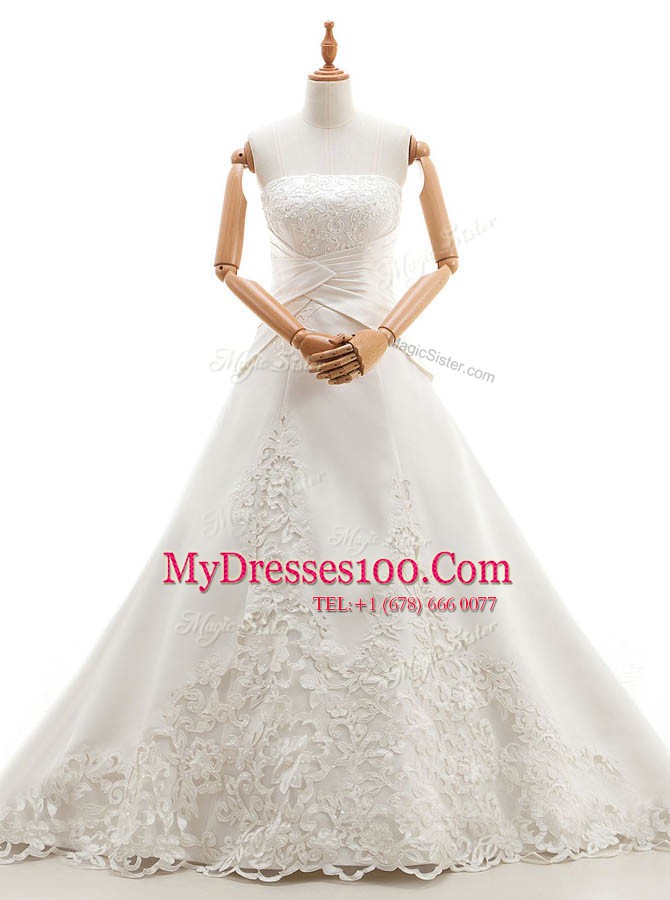 Colorful White Satin and Lace Lace Up Strapless Sleeveless With Train Bridal Gown Chapel Train Lace