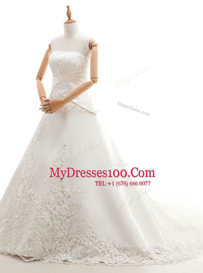 Colorful White Satin and Lace Lace Up Strapless Sleeveless With Train Bridal Gown Chapel Train Lace