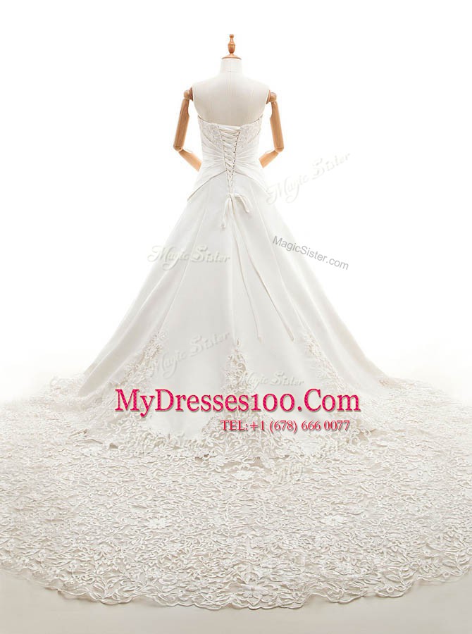 Colorful White Satin and Lace Lace Up Strapless Sleeveless With Train Bridal Gown Chapel Train Lace