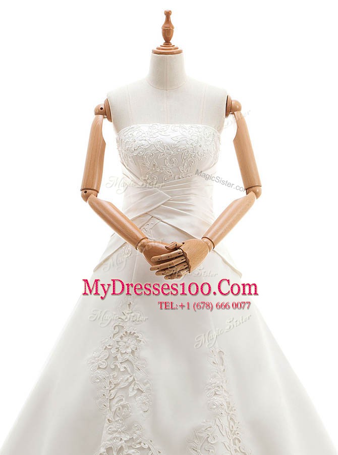 Colorful White Satin and Lace Lace Up Strapless Sleeveless With Train Bridal Gown Chapel Train Lace