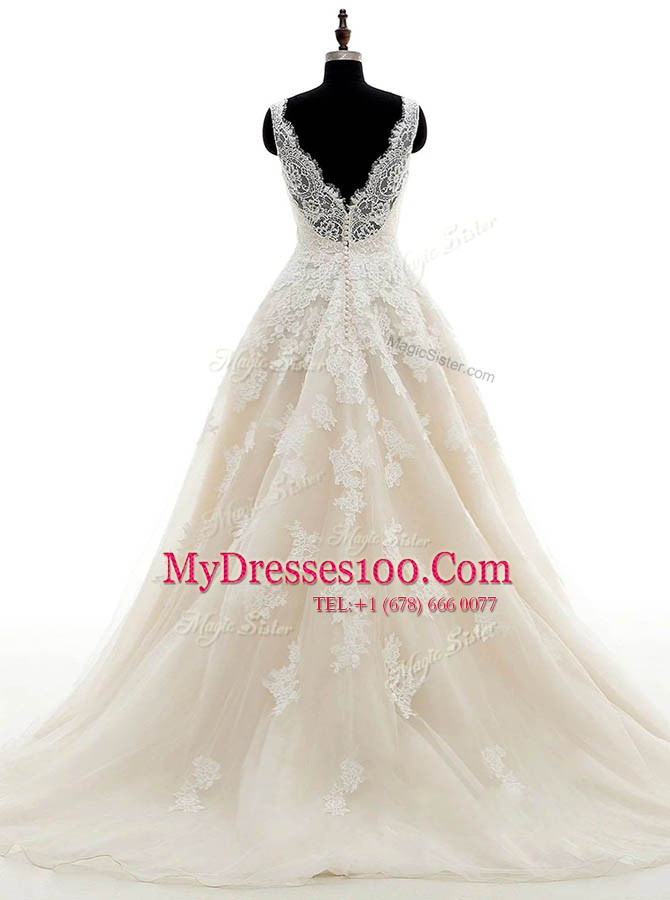 Classical Lace Brush Train A-line Wedding Gowns Champagne V-neck Organza Sleeveless With Train Clasp Handle