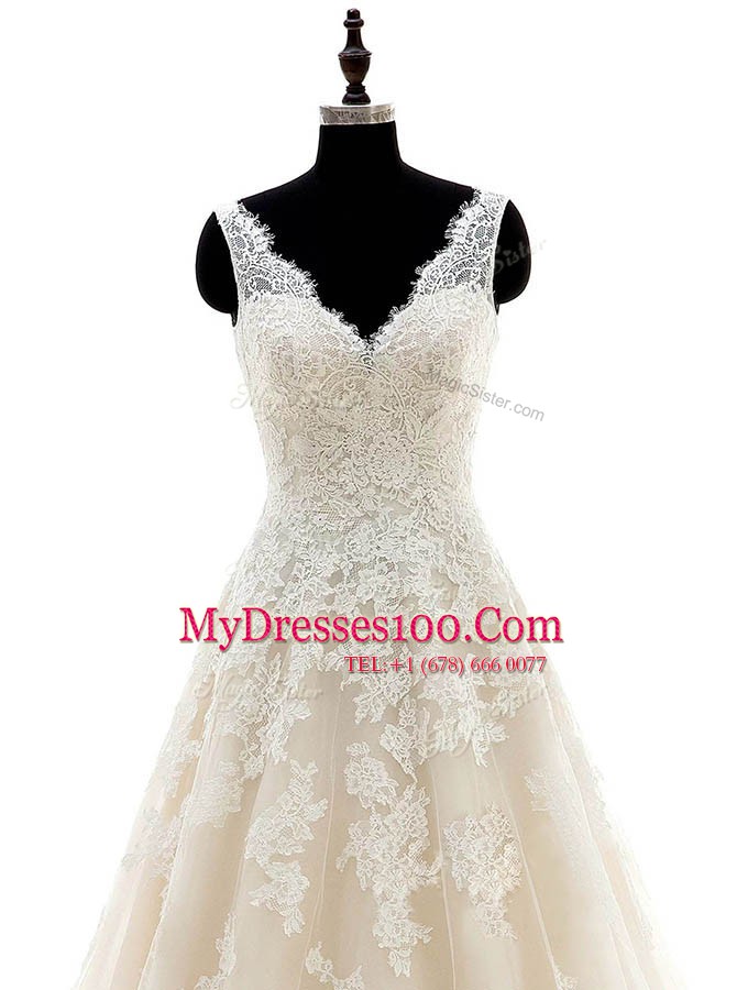 Classical Lace Brush Train A-line Wedding Gowns Champagne V-neck Organza Sleeveless With Train Clasp Handle