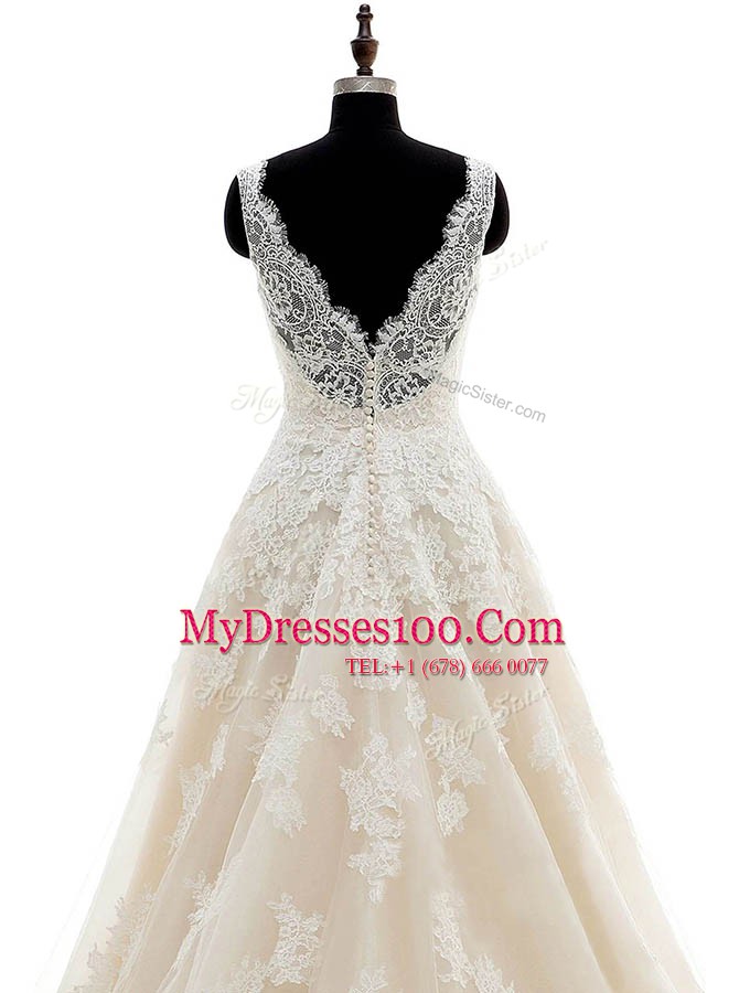 Classical Lace Brush Train A-line Wedding Gowns Champagne V-neck Organza Sleeveless With Train Clasp Handle