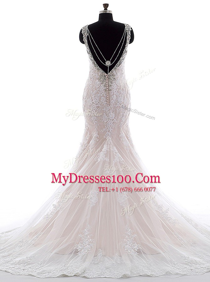 Artistic Straps Sleeveless Tulle and Lace Wedding Dresses Beading and Lace Brush Train Backless