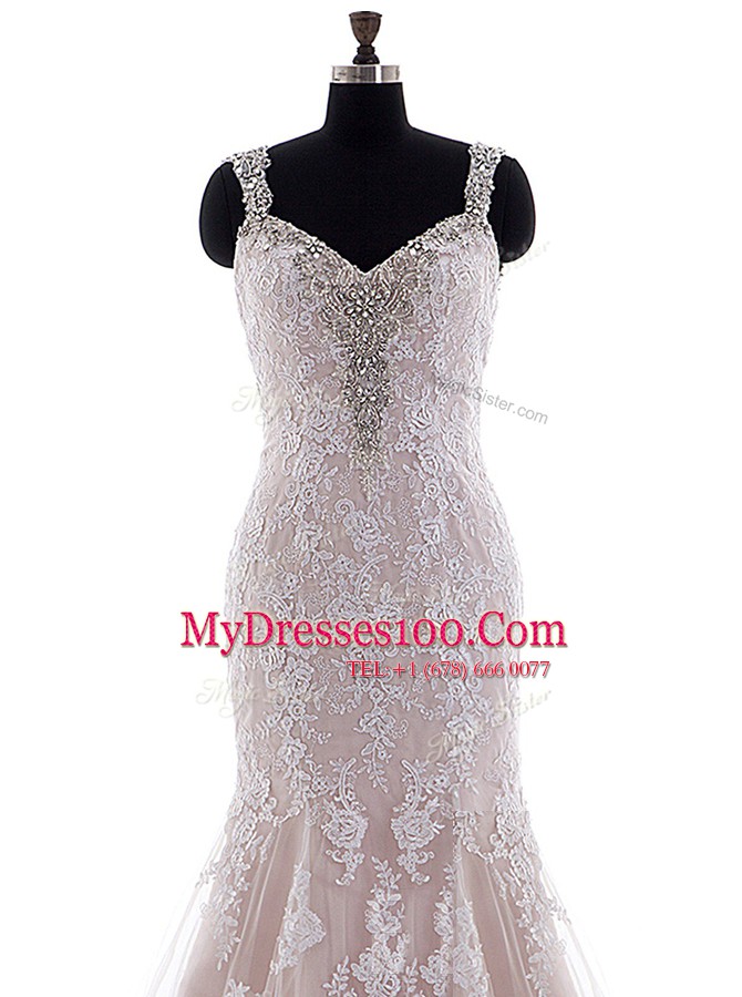 Artistic Straps Sleeveless Tulle and Lace Wedding Dresses Beading and Lace Brush Train Backless