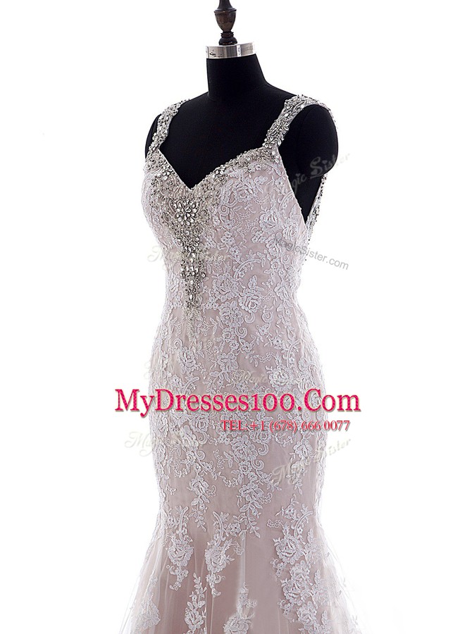 Artistic Straps Sleeveless Tulle and Lace Wedding Dresses Beading and Lace Brush Train Backless
