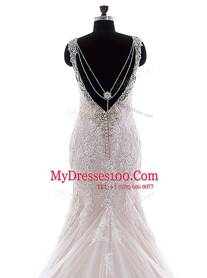 Artistic Straps Sleeveless Tulle and Lace Wedding Dresses Beading and Lace Brush Train Backless