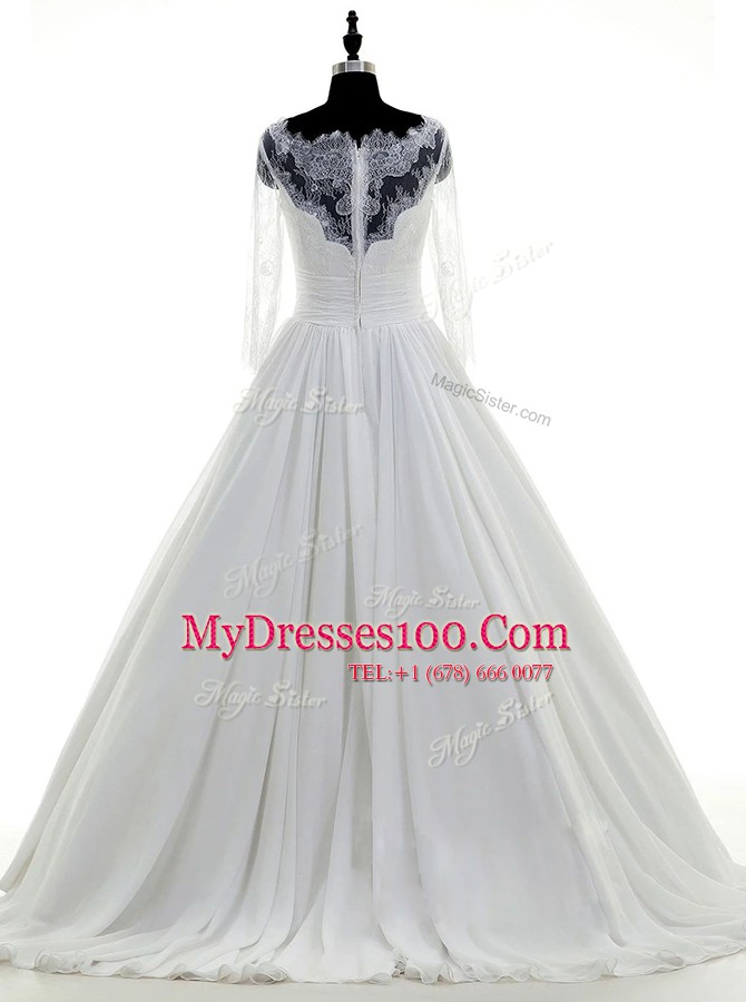 Elegant Scalloped White Ball Gowns Lace Bridal Gown Zipper Chiffon 3 4 Length Sleeve With Train