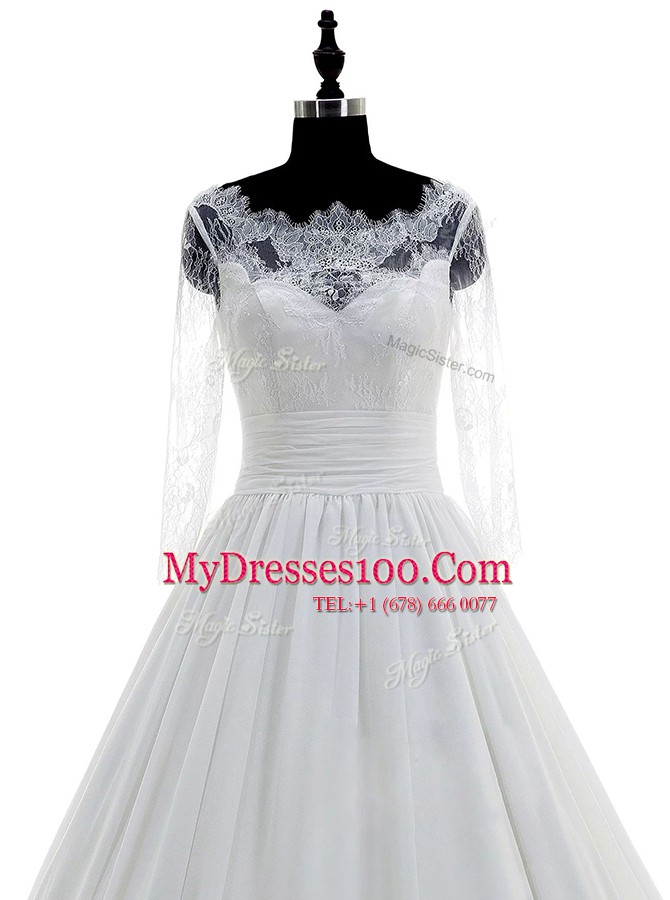 Elegant Scalloped White Ball Gowns Lace Bridal Gown Zipper Chiffon 3 4 Length Sleeve With Train