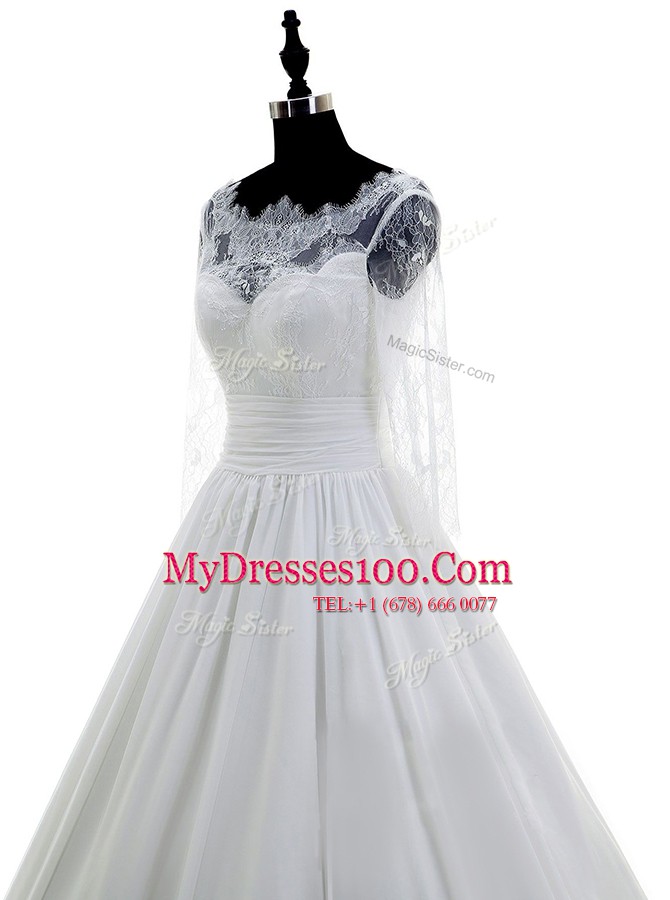 Elegant Scalloped White Ball Gowns Lace Bridal Gown Zipper Chiffon 3 4 Length Sleeve With Train
