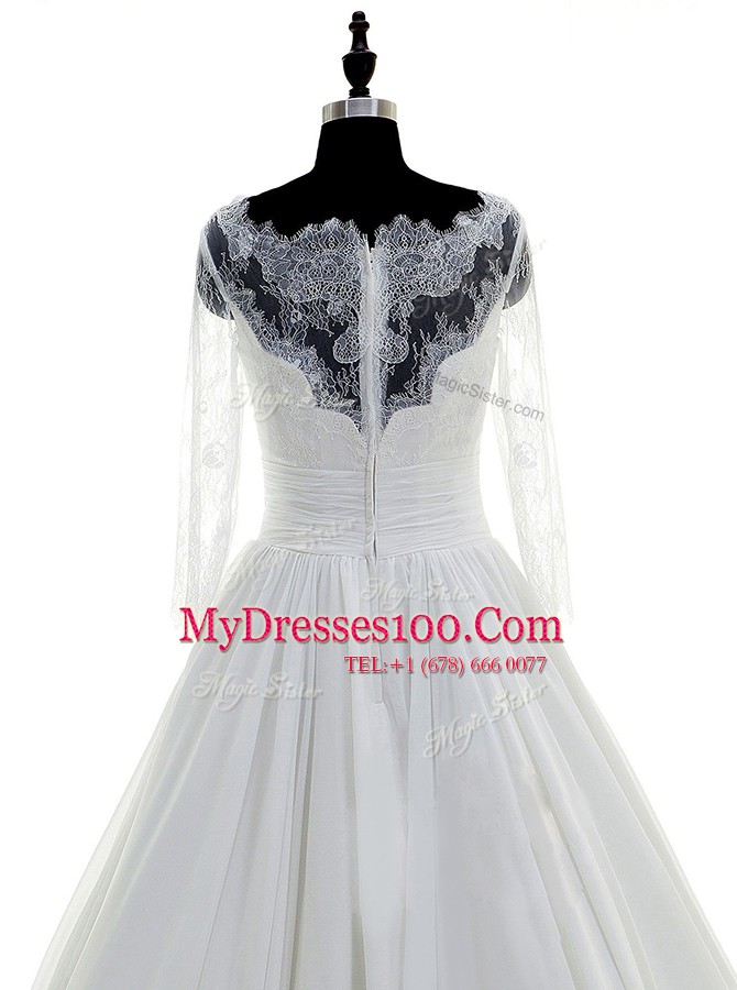 Elegant Scalloped White Ball Gowns Lace Bridal Gown Zipper Chiffon 3 4 Length Sleeve With Train