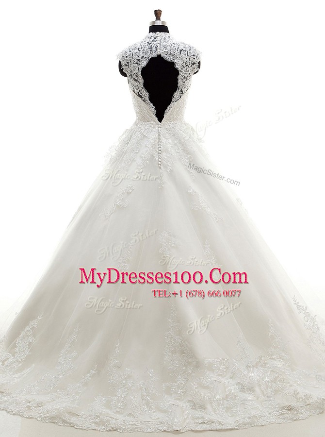 Lace With Train A-line Cap Sleeves White Wedding Gowns Brush Train Clasp Handle