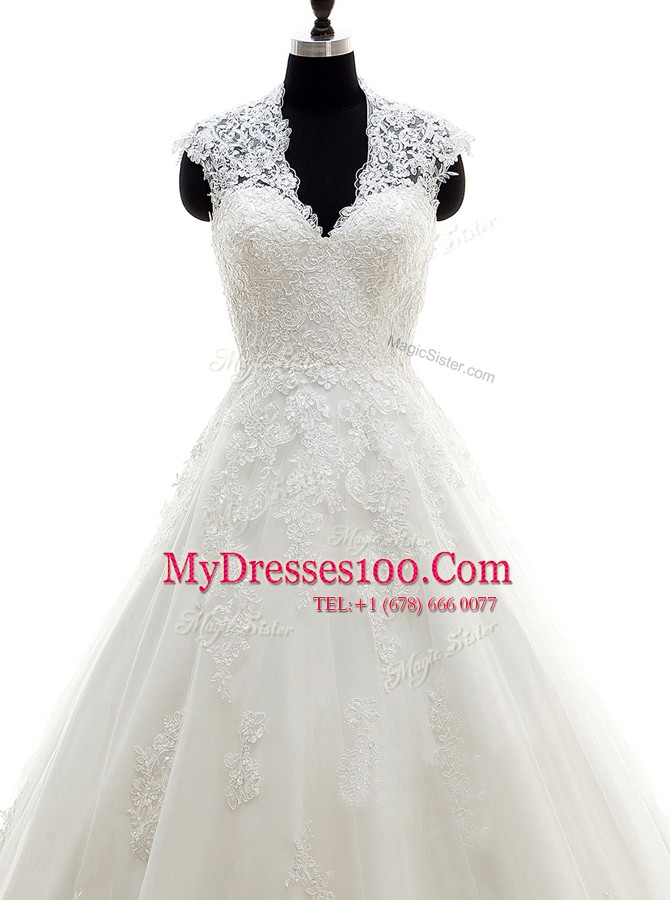Lace With Train A-line Cap Sleeves White Wedding Gowns Brush Train Clasp Handle