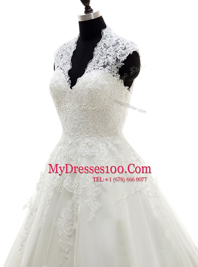 Lace With Train A-line Cap Sleeves White Wedding Gowns Brush Train Clasp Handle