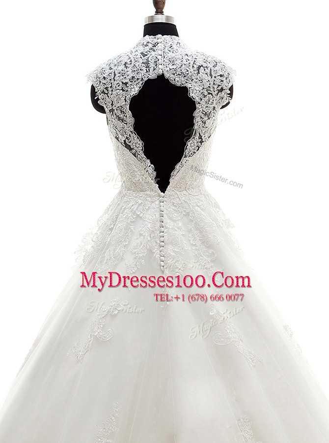Lace With Train A-line Cap Sleeves White Wedding Gowns Brush Train Clasp Handle