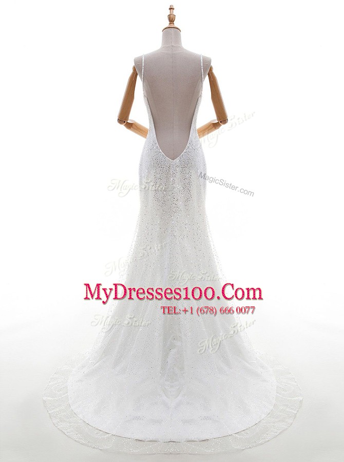 Mermaid Sleeveless Tulle and Sequined With Brush Train Backless Wedding Dresses in White with Sequins