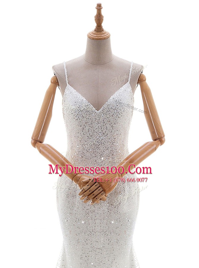 Mermaid Sleeveless Tulle and Sequined With Brush Train Backless Wedding Dresses in White with Sequins
