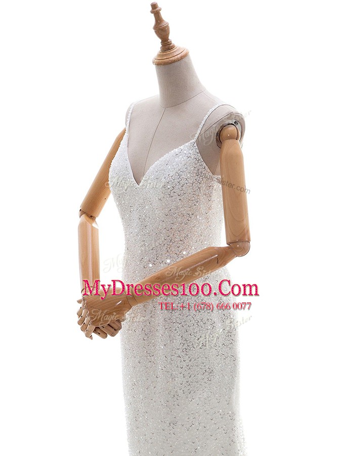 Mermaid Sleeveless Tulle and Sequined With Brush Train Backless Wedding Dresses in White with Sequins