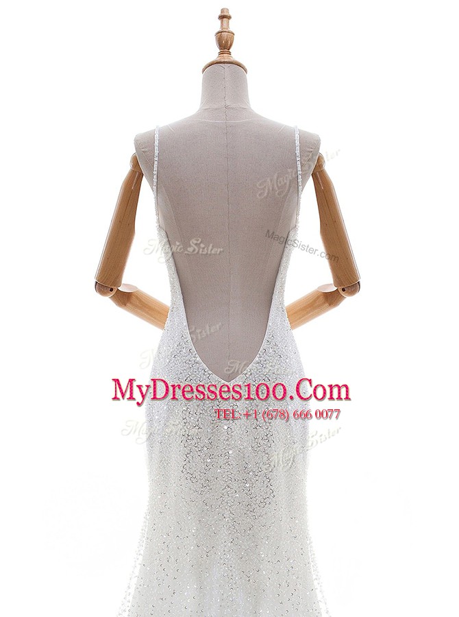 Mermaid Sleeveless Tulle and Sequined With Brush Train Backless Wedding Dresses in White with Sequins