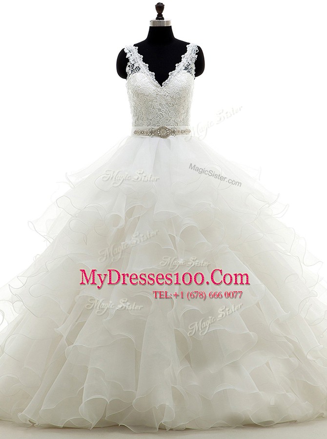 White Wedding Dresses Wedding Party and For with Beading and Lace and Ruffles V-neck Sleeveless Brush Train Backless