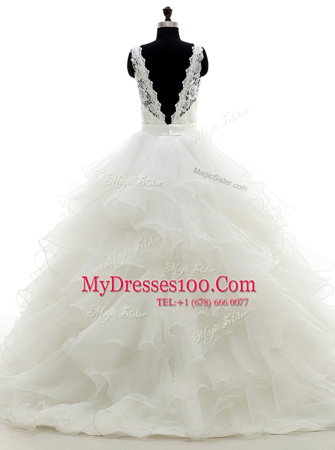 White Wedding Dresses Wedding Party and For with Beading and Lace and Ruffles V-neck Sleeveless Brush Train Backless