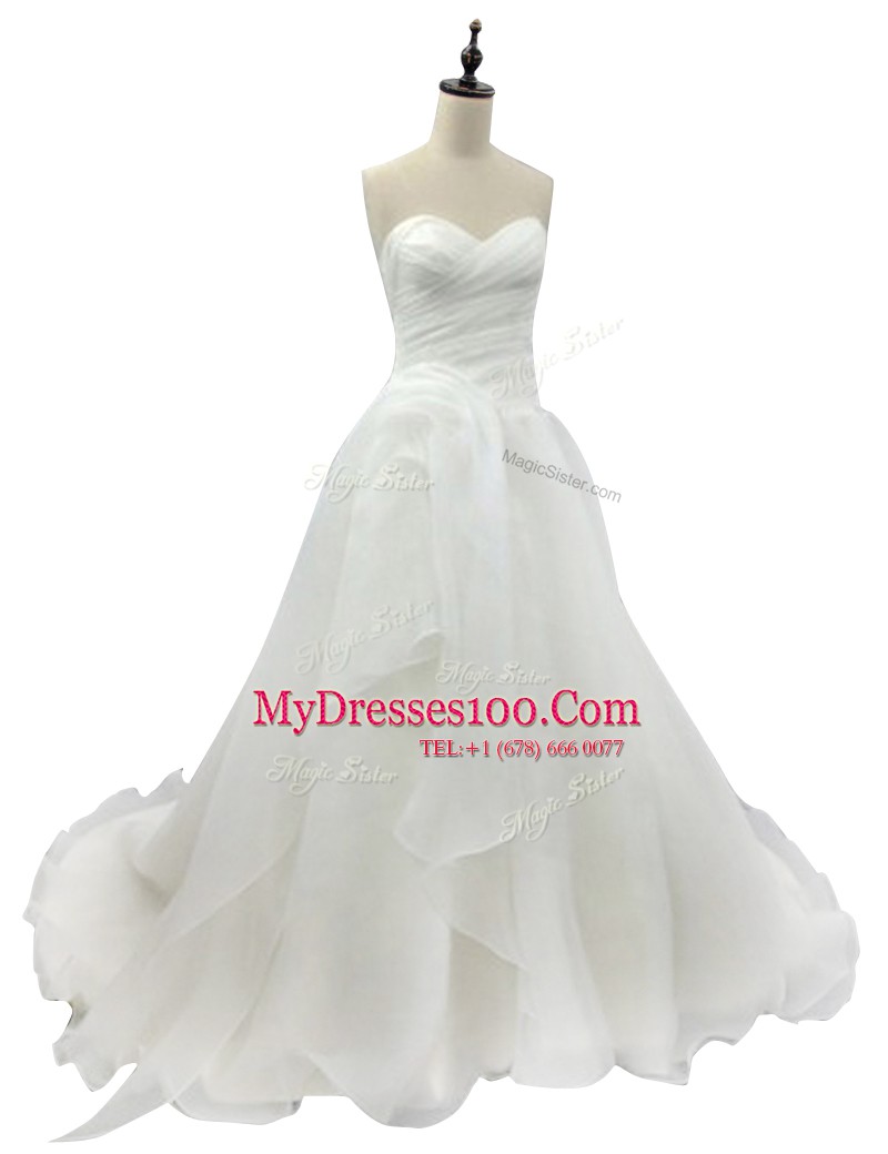 Low Price Sweetheart Sleeveless Organza Wedding Gown Ruching Brush Train Zipper
