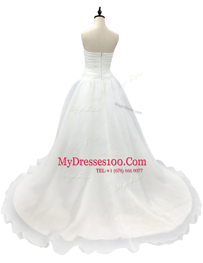 Low Price Sweetheart Sleeveless Organza Wedding Gown Ruching Brush Train Zipper