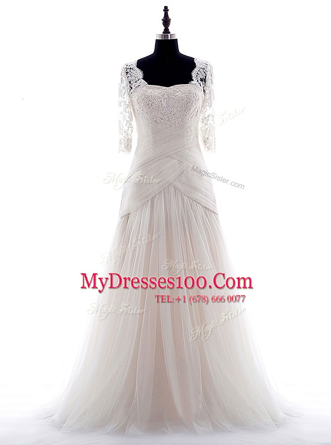 Half Sleeves Tulle With Brush Train Zipper Wedding Dress in White with Lace
