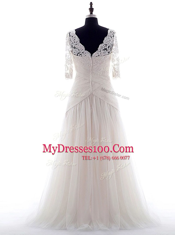 Half Sleeves Tulle With Brush Train Zipper Wedding Dress in White with Lace