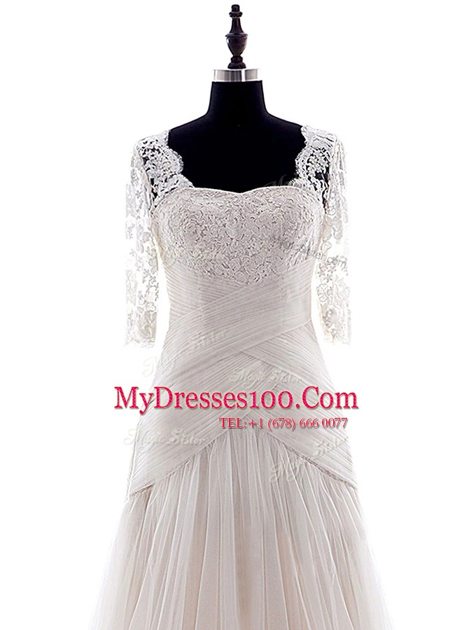 Half Sleeves Tulle With Brush Train Zipper Wedding Dress in White with Lace