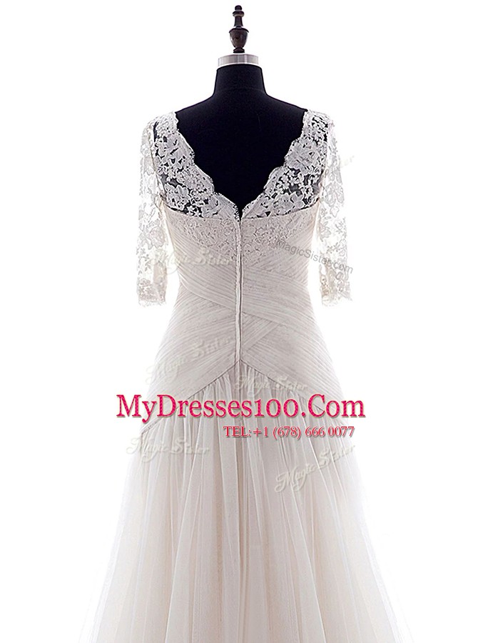 Half Sleeves Tulle With Brush Train Zipper Wedding Dress in White with Lace