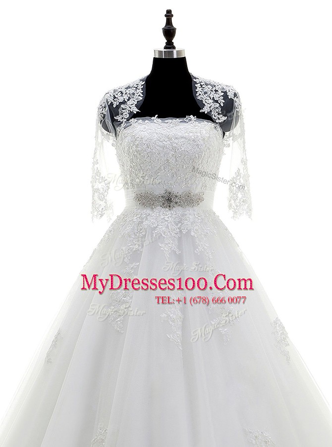 Custom Fit White Strapless Neckline Beading and Lace and Appliques Wedding Gown Sleeveless Lace Up