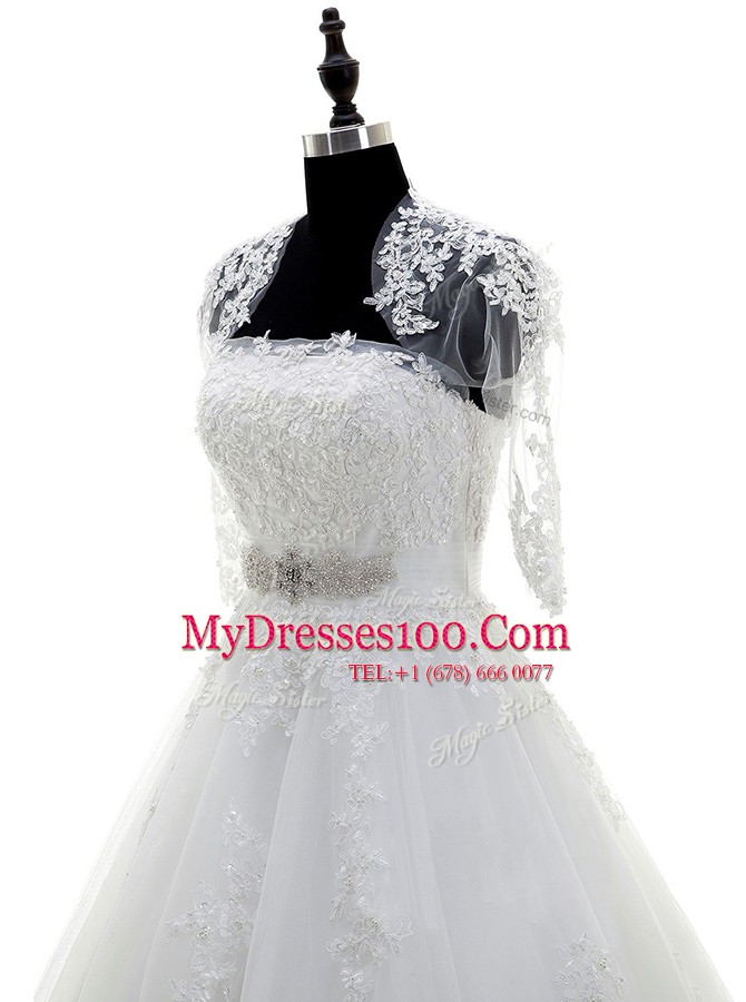 Custom Fit White Strapless Neckline Beading and Lace and Appliques Wedding Gown Sleeveless Lace Up
