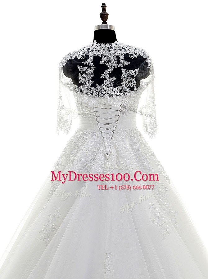 Custom Fit White Strapless Neckline Beading and Lace and Appliques Wedding Gown Sleeveless Lace Up