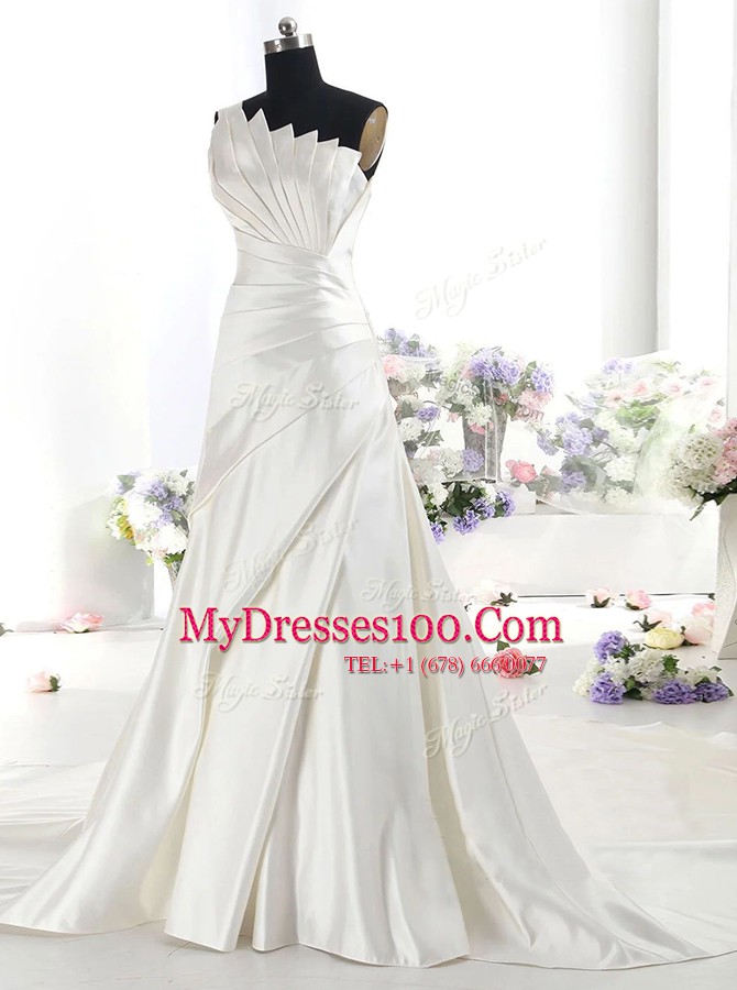 Free and Easy Chapel Train Column/Sheath Wedding Dress White One Shoulder Satin Sleeveless With Train Zipper